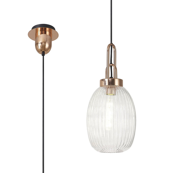 Atherington Almond Pendant in Copper & Clear Ribbed Shade