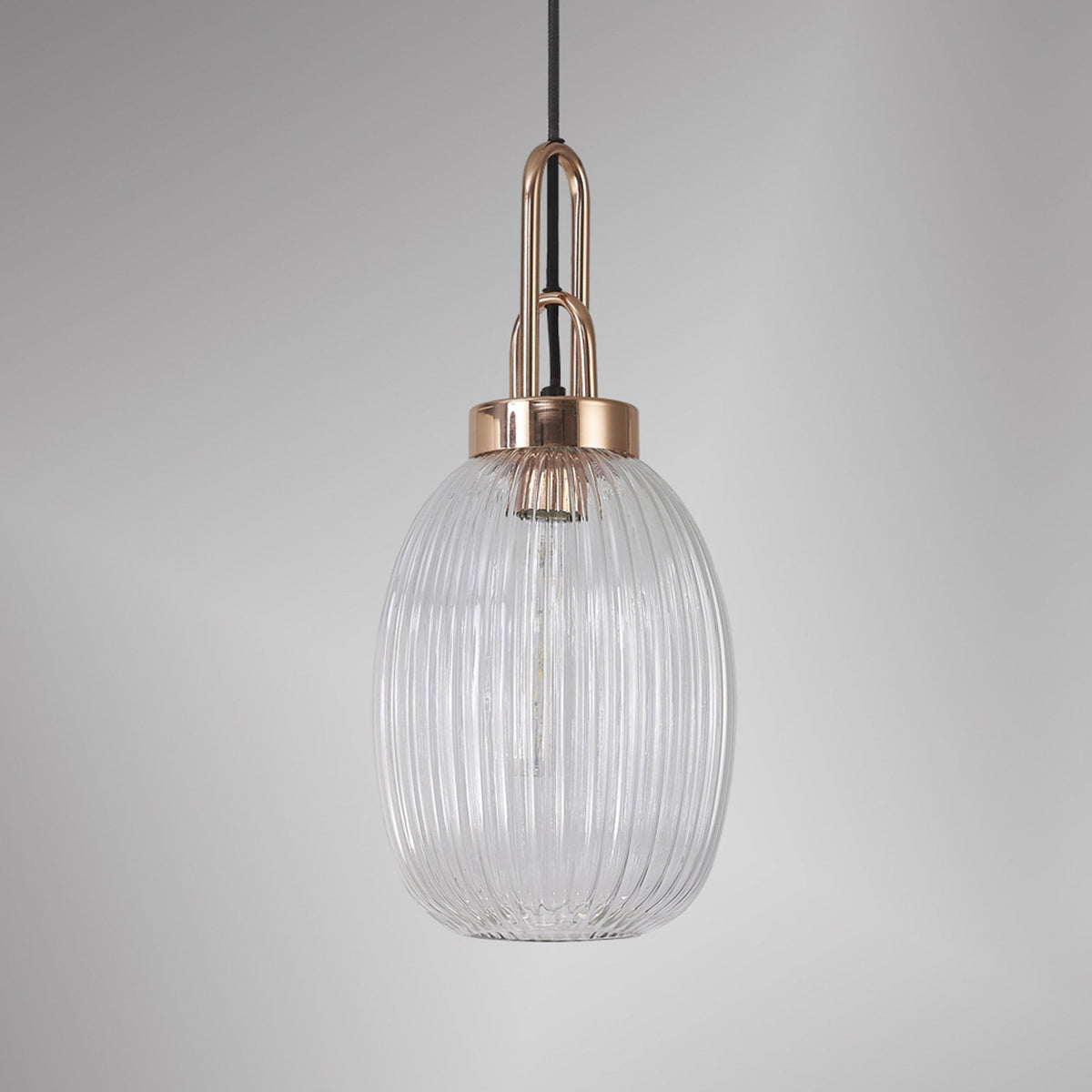 Atherington Almond Pendant in Copper & Clear Ribbed Shade