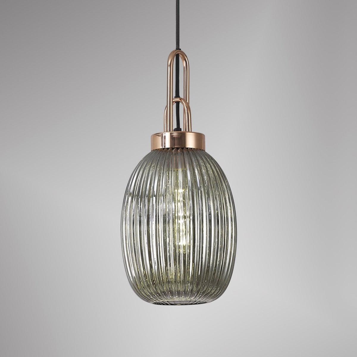 Atherington Almond Pendant in Copper & Smoked Ribbed Shade