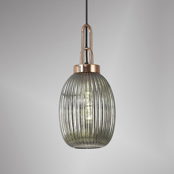 Atherington Almond Pendant in Copper & Smoked Ribbed Shade