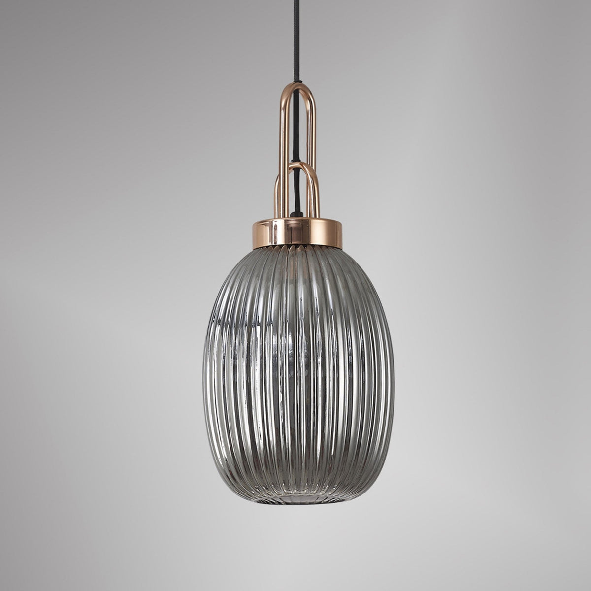 Atherington Almond Pendant in Copper & Smoked Ribbed Shade