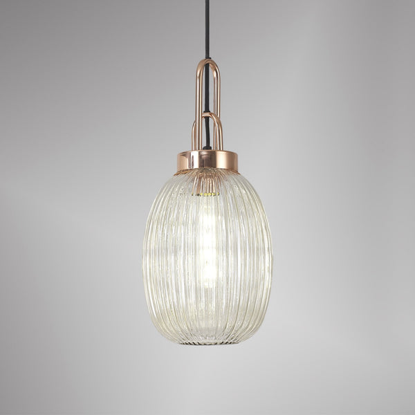 Atherington Almond Pendant in Copper & Champagne Ribbed Shade