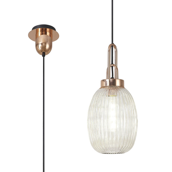 Atherington Almond Pendant in Copper & Champagne Ribbed Shade
