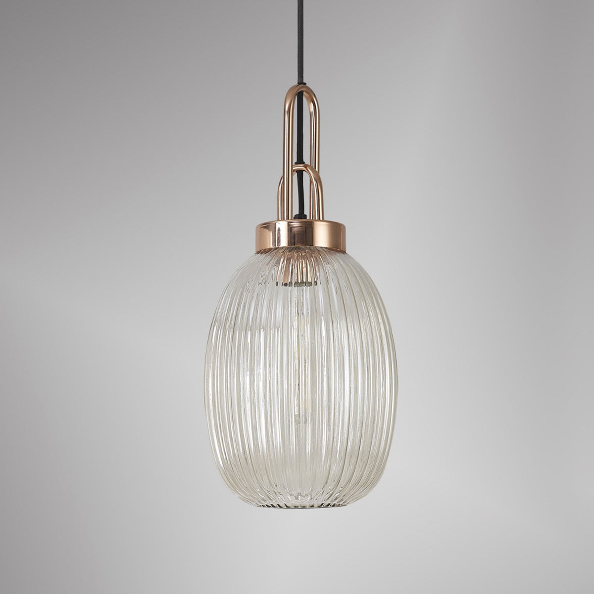Atherington Almond Pendant in Copper & Champagne Ribbed Shade