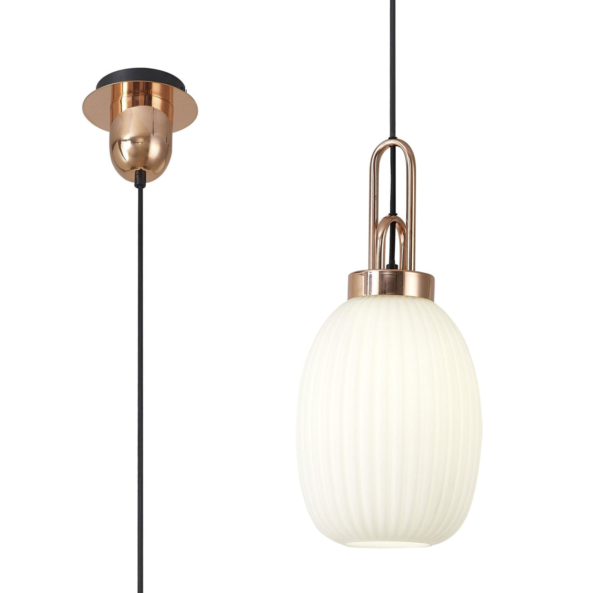 Atherington Almond Pendant in Copper & Opal Ribbed Shade