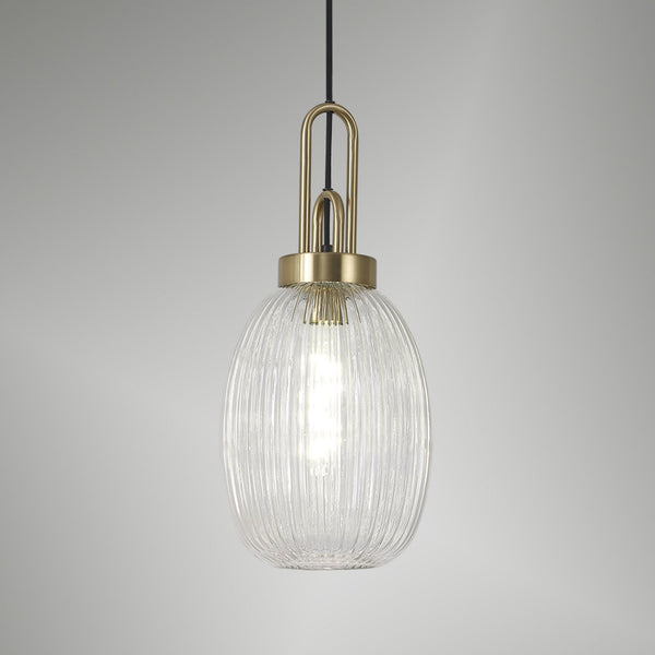 Atherington Almond Pendant in Brass Gold & Clear Ribbed Shade