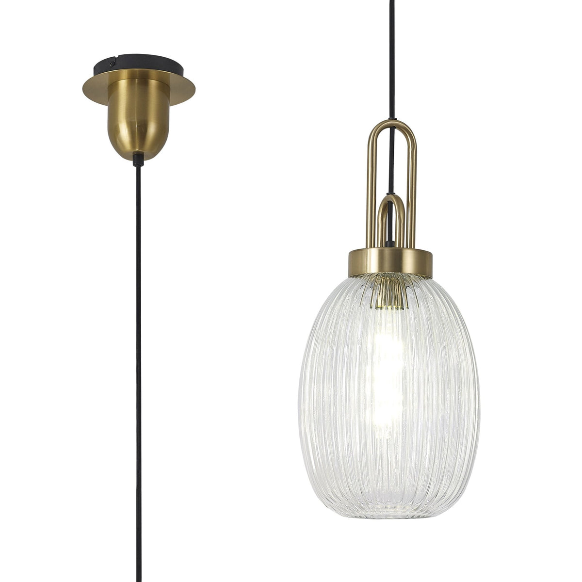 Atherington Almond Pendant in Brass Gold & Clear Ribbed Shade