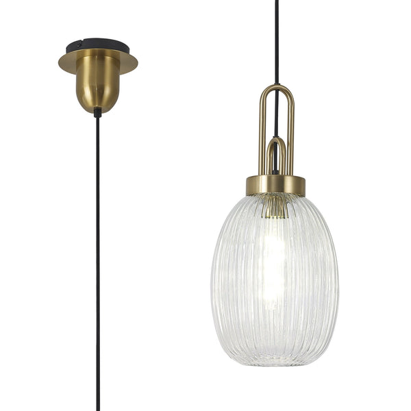 Atherington Almond Pendant in Brass Gold & Clear Ribbed Shade