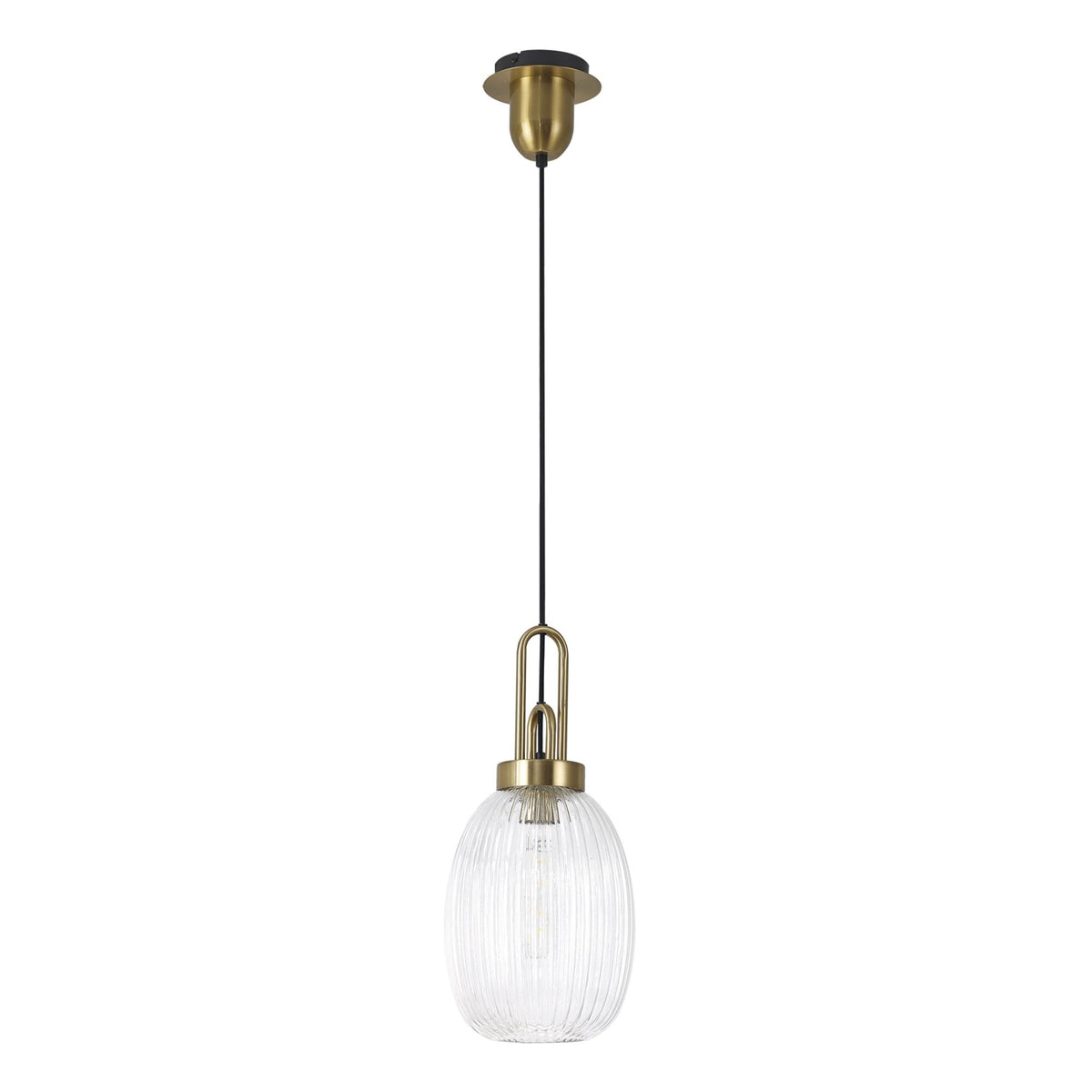 Atherington Almond Pendant in Brass Gold & Clear Ribbed Shade
