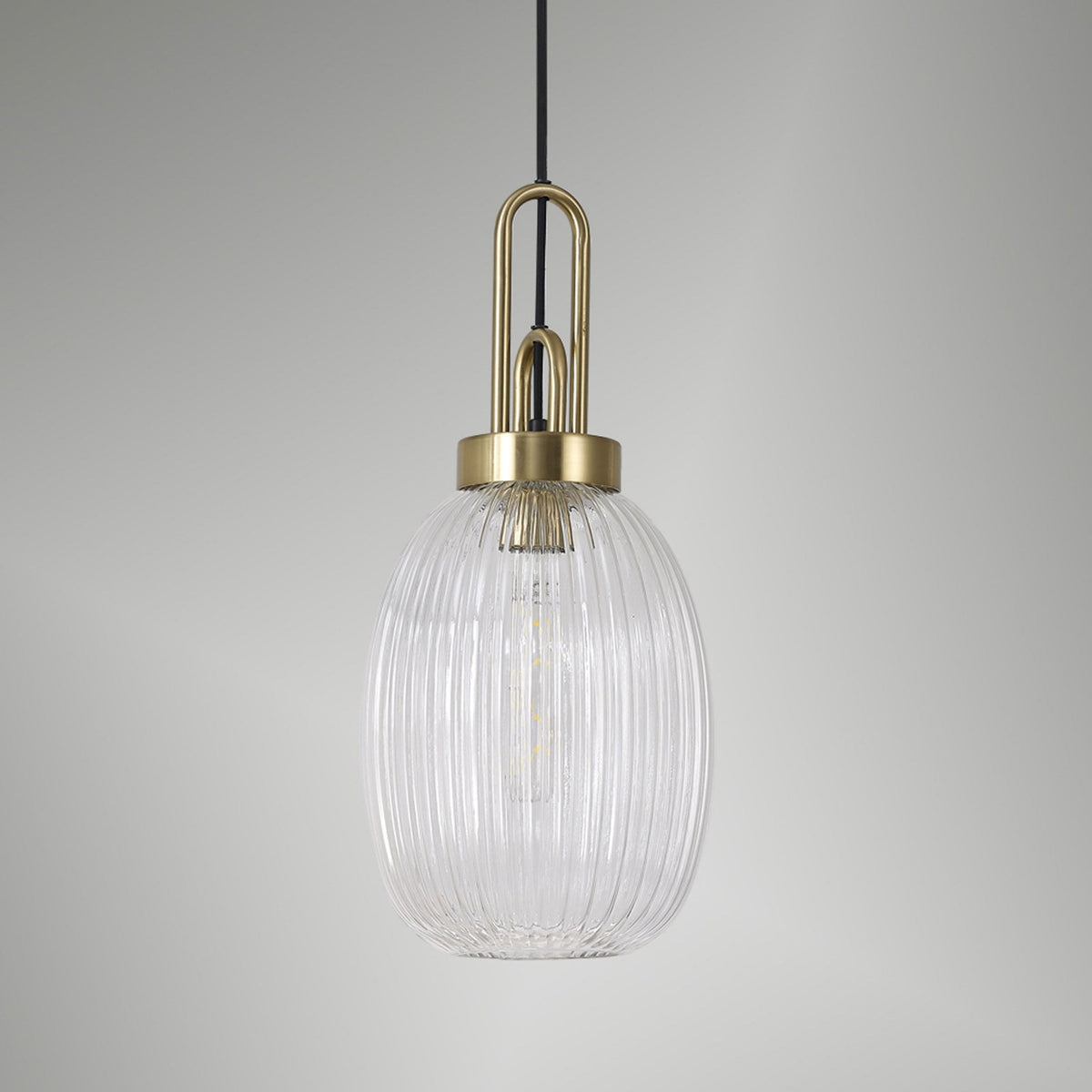 Atherington Almond Pendant in Brass Gold & Clear Ribbed Shade