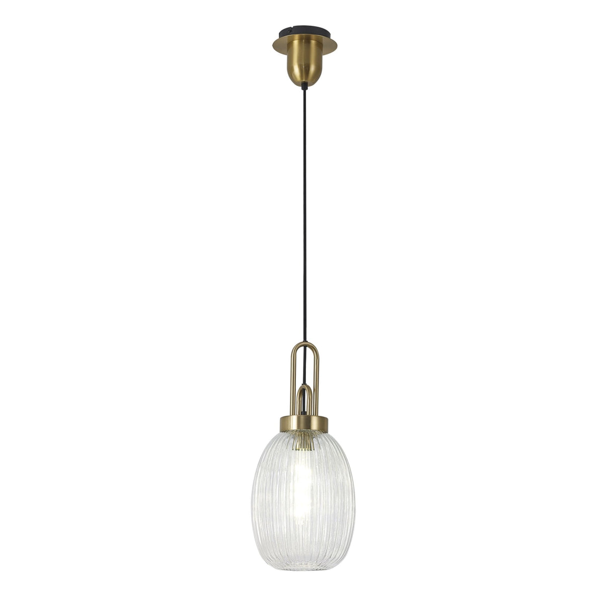 Atherington Almond Pendant in Brass Gold & Clear Ribbed Shade