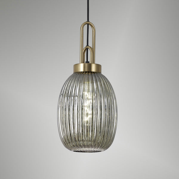 Atherington Almond Pendant in Brass Gold & Smoked Ribbed Shade