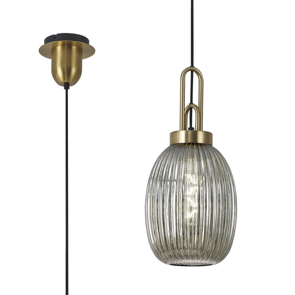 Atherington Almond Pendant in Brass Gold & Smoked Ribbed Shade