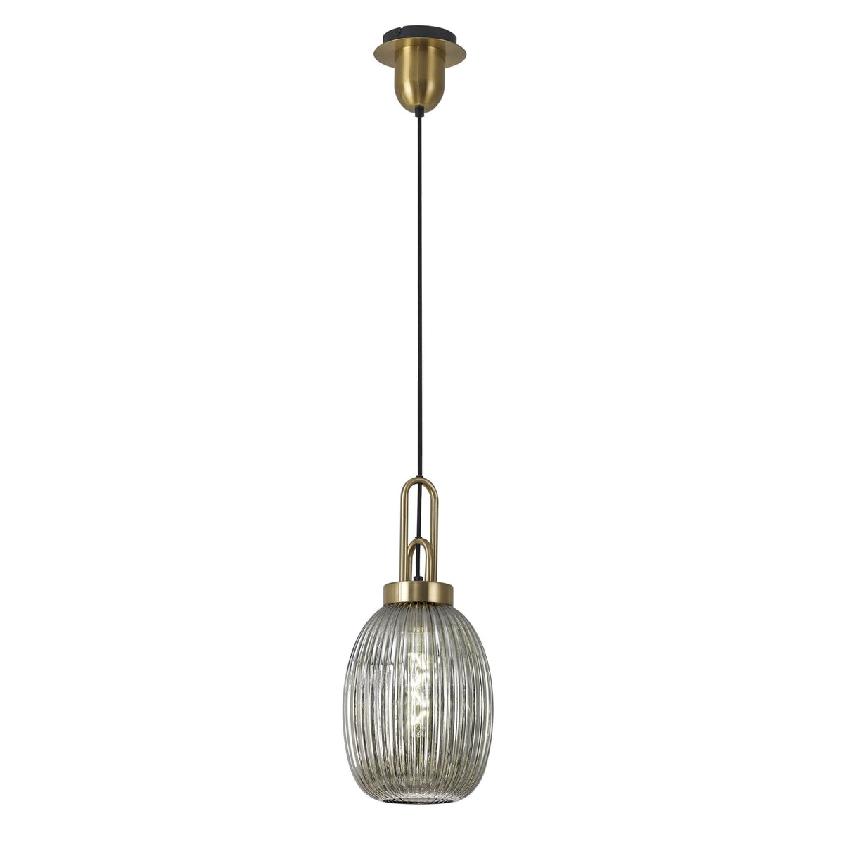 Atherington Almond Pendant in Brass Gold & Smoked Ribbed Shade