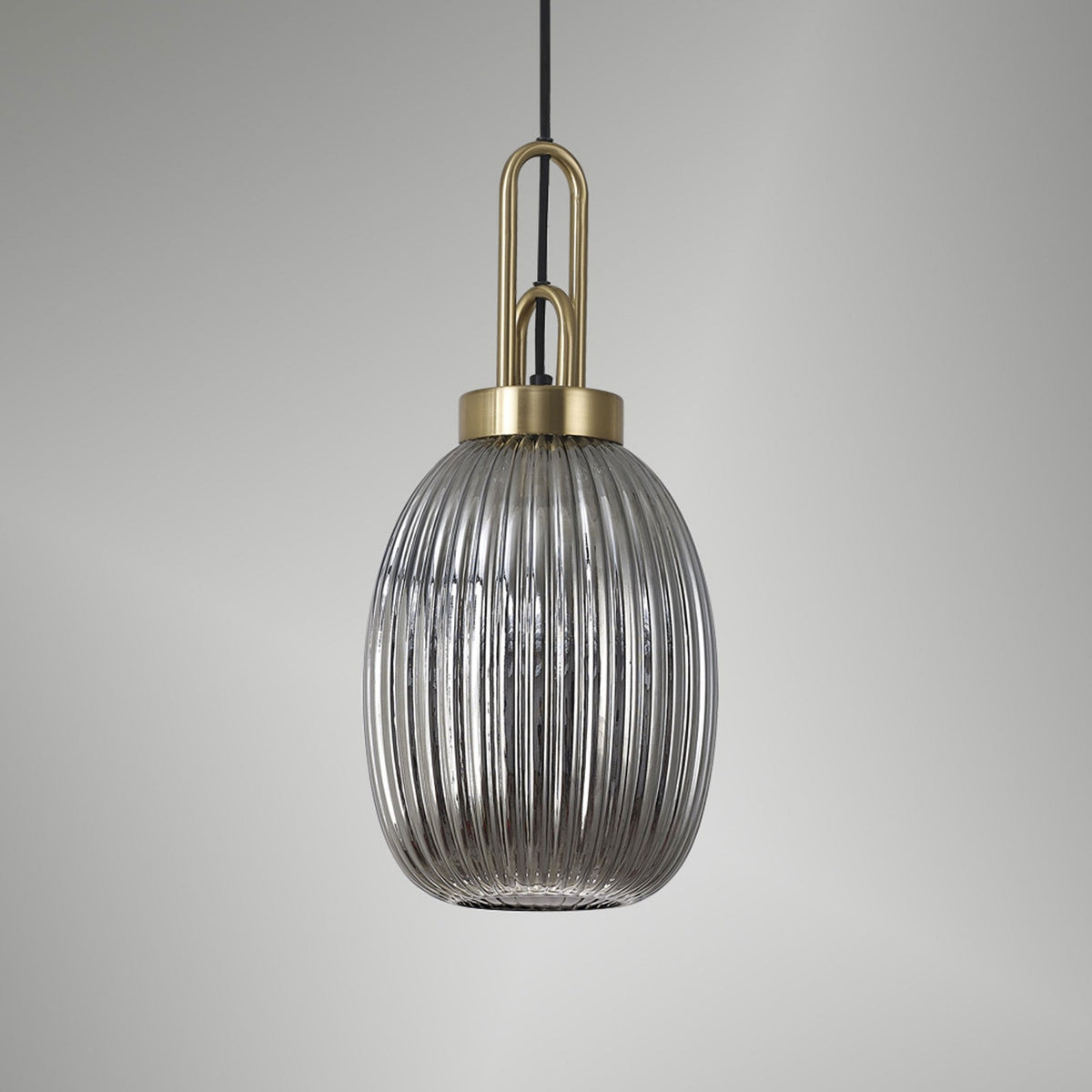 Atherington Almond Pendant in Brass Gold & Smoked Ribbed Shade