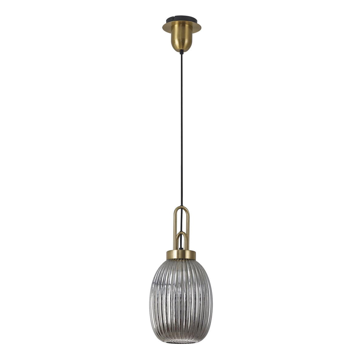 Atherington Almond Pendant in Brass Gold & Smoked Ribbed Shade