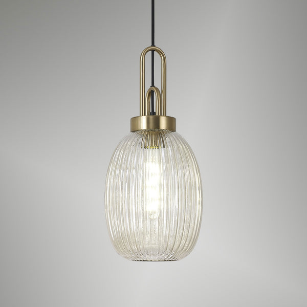 Atherington Almond Pendant in Brass Gold & Champagne Ribbed Shade