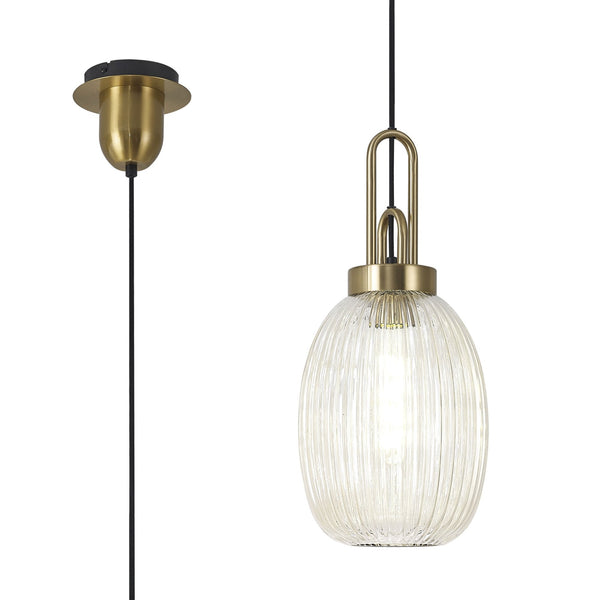 Atherington Almond Pendant in Brass Gold & Champagne Ribbed Shade