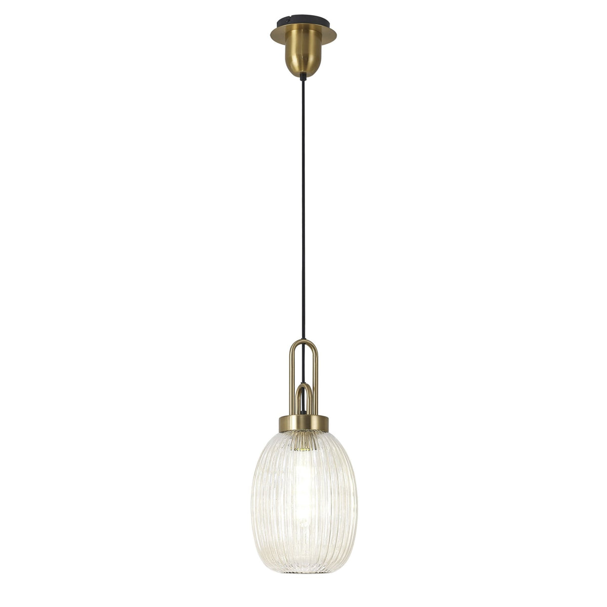 Atherington Almond Pendant in Brass Gold & Champagne Ribbed Shade