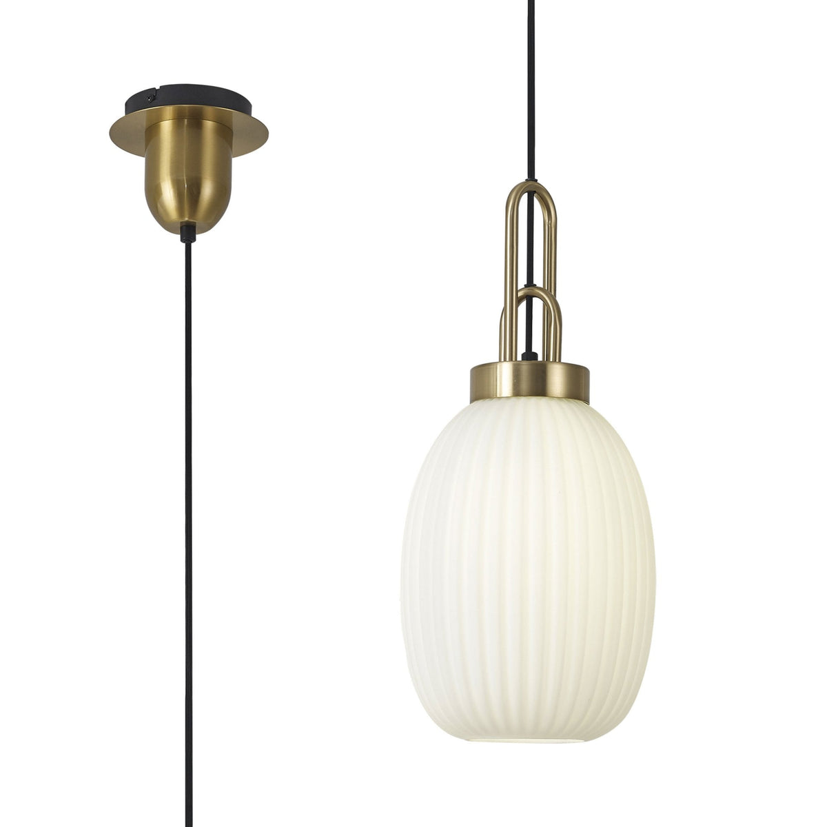 Atherington Almond Pendant in Brass Gold & Opal Ribbed Shade