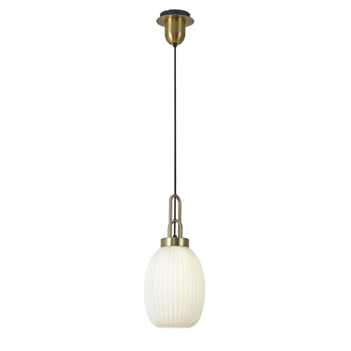 Atherington Almond Pendant in Brass Gold & Opal Ribbed Shade