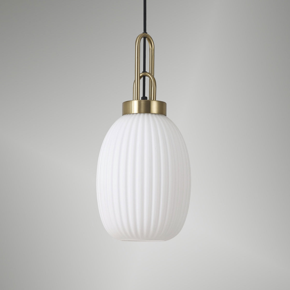 Atherington Almond Pendant in Brass Gold & Opal Ribbed Shade