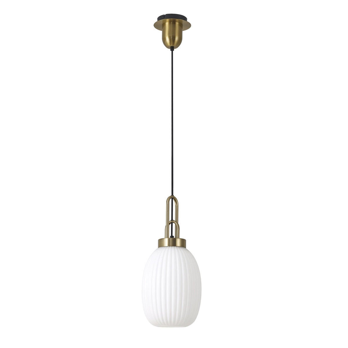 Atherington Almond Pendant in Brass Gold & Opal Ribbed Shade