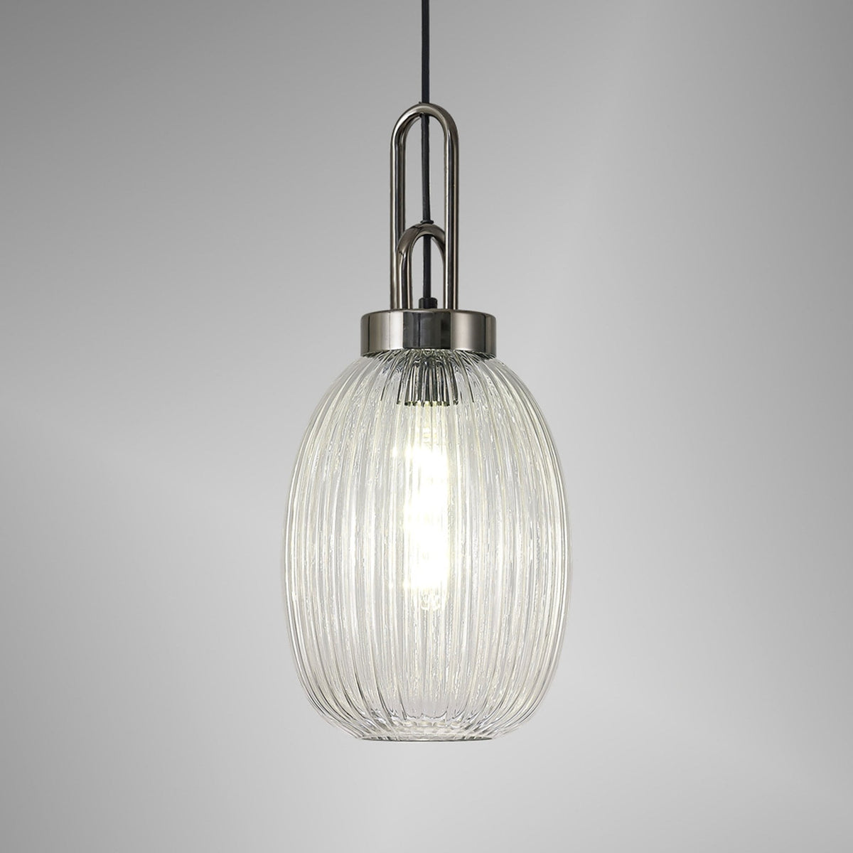 Atherington Almond Pendant in Black Chrome & Clear Ribbed Shade