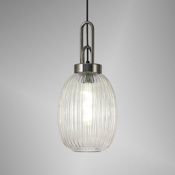 Atherington Almond Pendant in Black Chrome & Clear Ribbed Shade