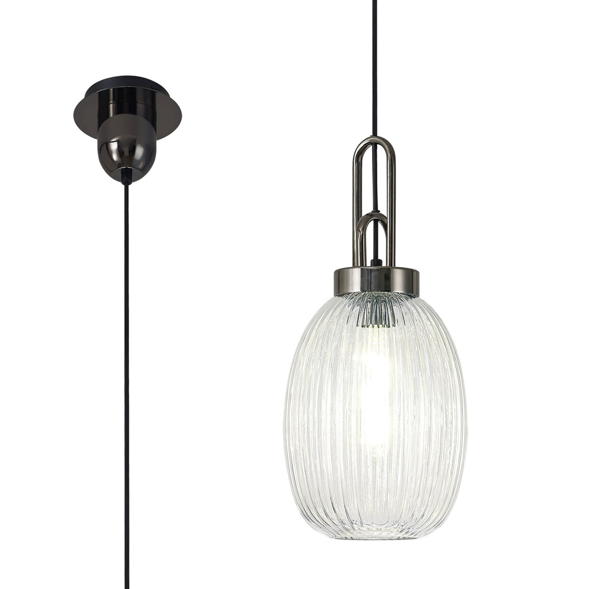 Atherington Almond Pendant in Black Chrome & Clear Ribbed Shade
