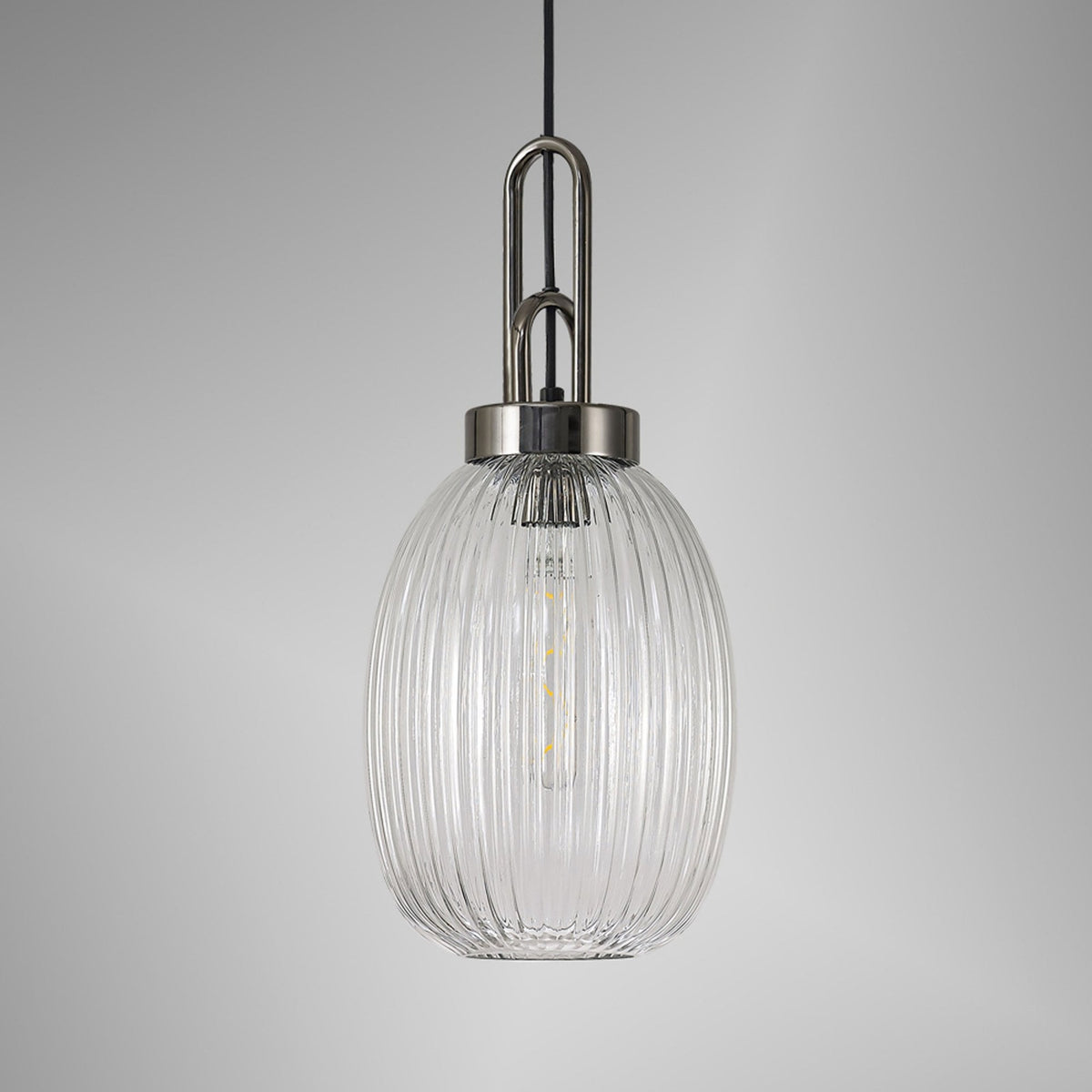 Atherington Almond Pendant in Black Chrome & Clear Ribbed Shade