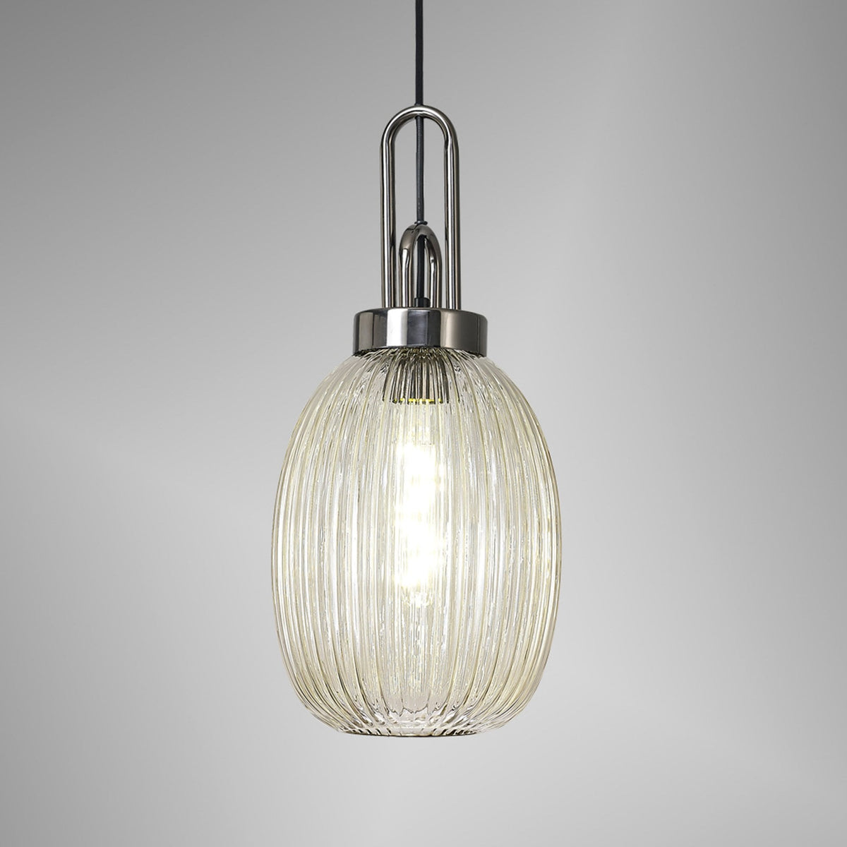Atherington Almond Pendant in Black Chrome & Champagne Ribbed Shade
