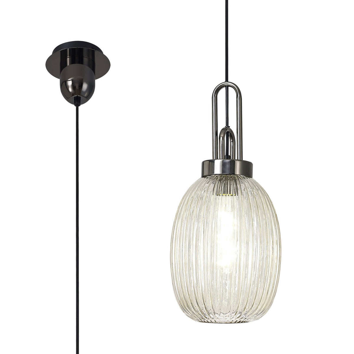 Atherington Almond Pendant in Black Chrome & Champagne Ribbed Shade