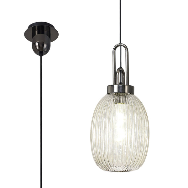 Atherington Almond Pendant in Black Chrome & Champagne Ribbed Shade