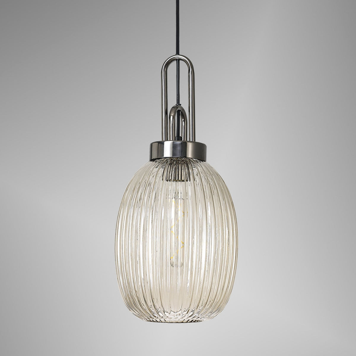 Atherington Almond Pendant in Black Chrome & Champagne Ribbed Shade