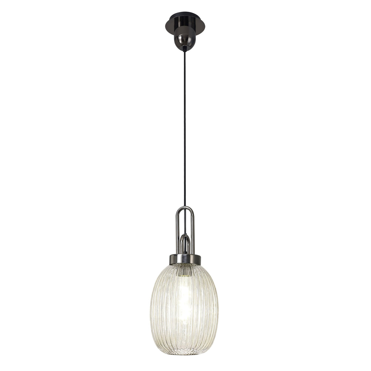 Atherington Almond Pendant in Black Chrome & Champagne Ribbed Shade