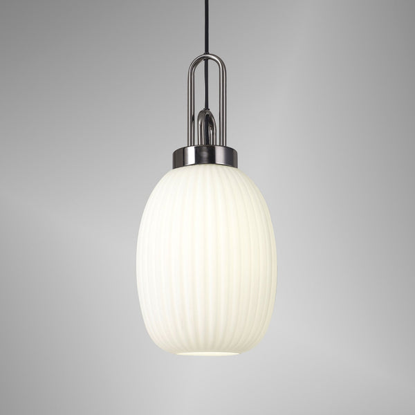 Atherington Almond Pendant in Black Chrome & Opal Ribbed Shade