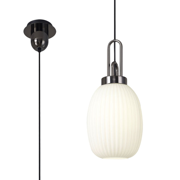 Atherington Almond Pendant in Black Chrome & Opal Ribbed Shade