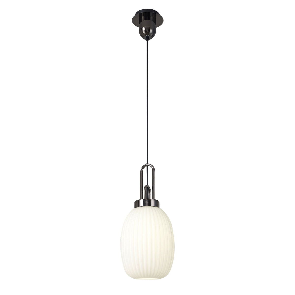 Atherington Almond Pendant in Black Chrome & Opal Ribbed Shade
