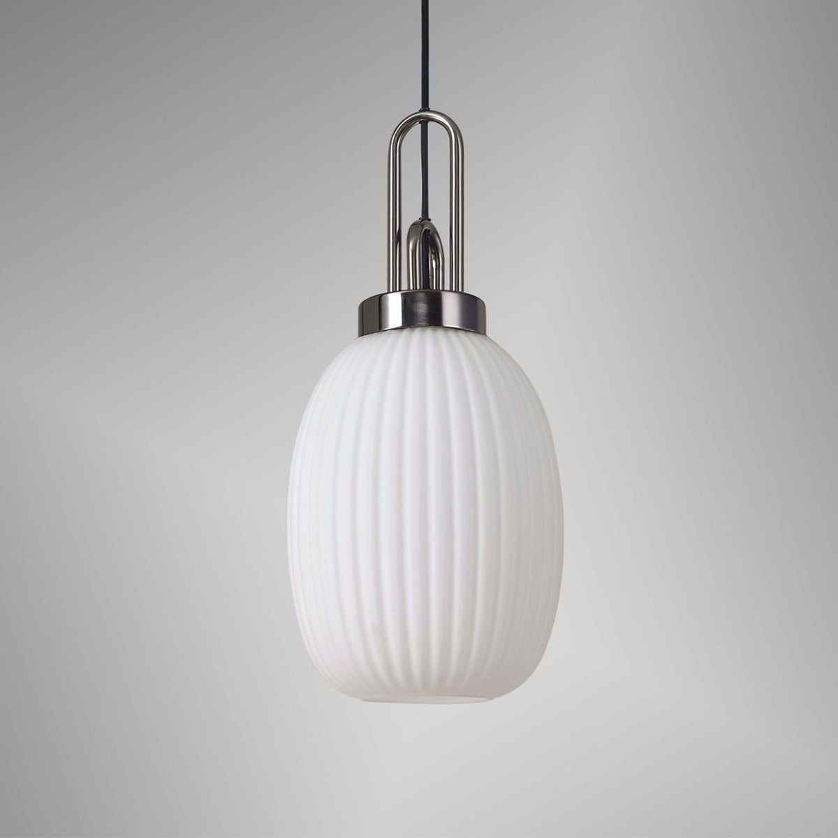 Atherington Almond Pendant in Black Chrome & Opal Ribbed Shade