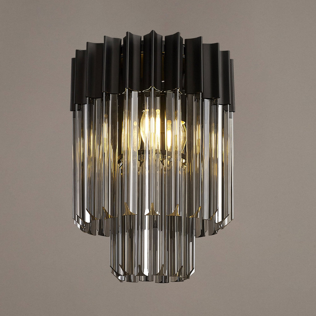 Kentisbeare 300mm Round Flush Chandelier in Matt Black & Smoked Glass