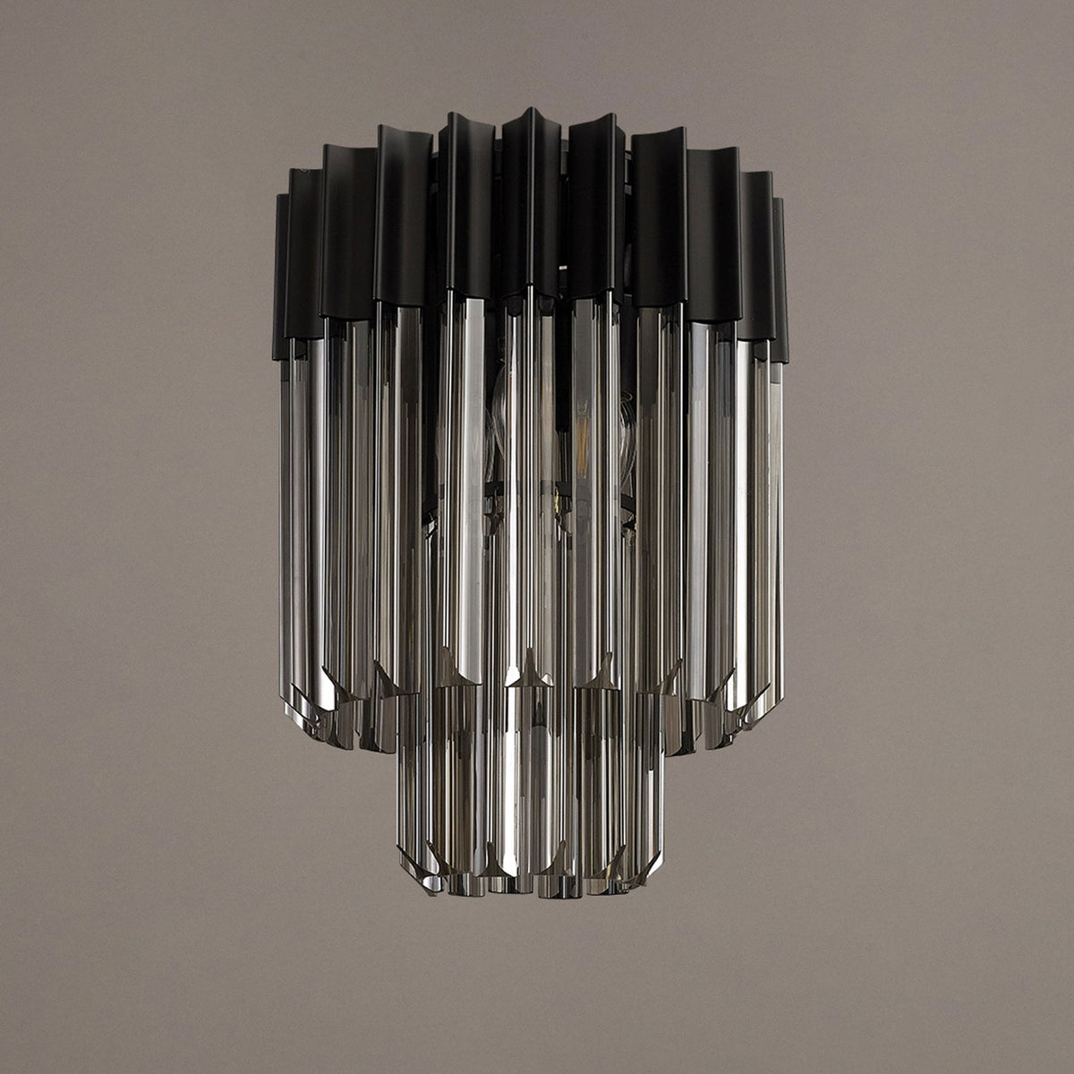 Kentisbeare 300mm Round Flush Chandelier in Matt Black & Smoked Glass