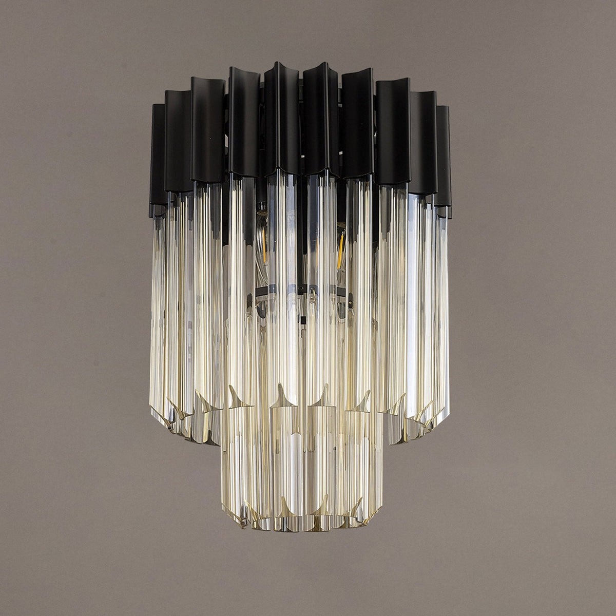 Kentisbeare 300mm Round Flush Chandelier in Matt Black & Cognac Glass