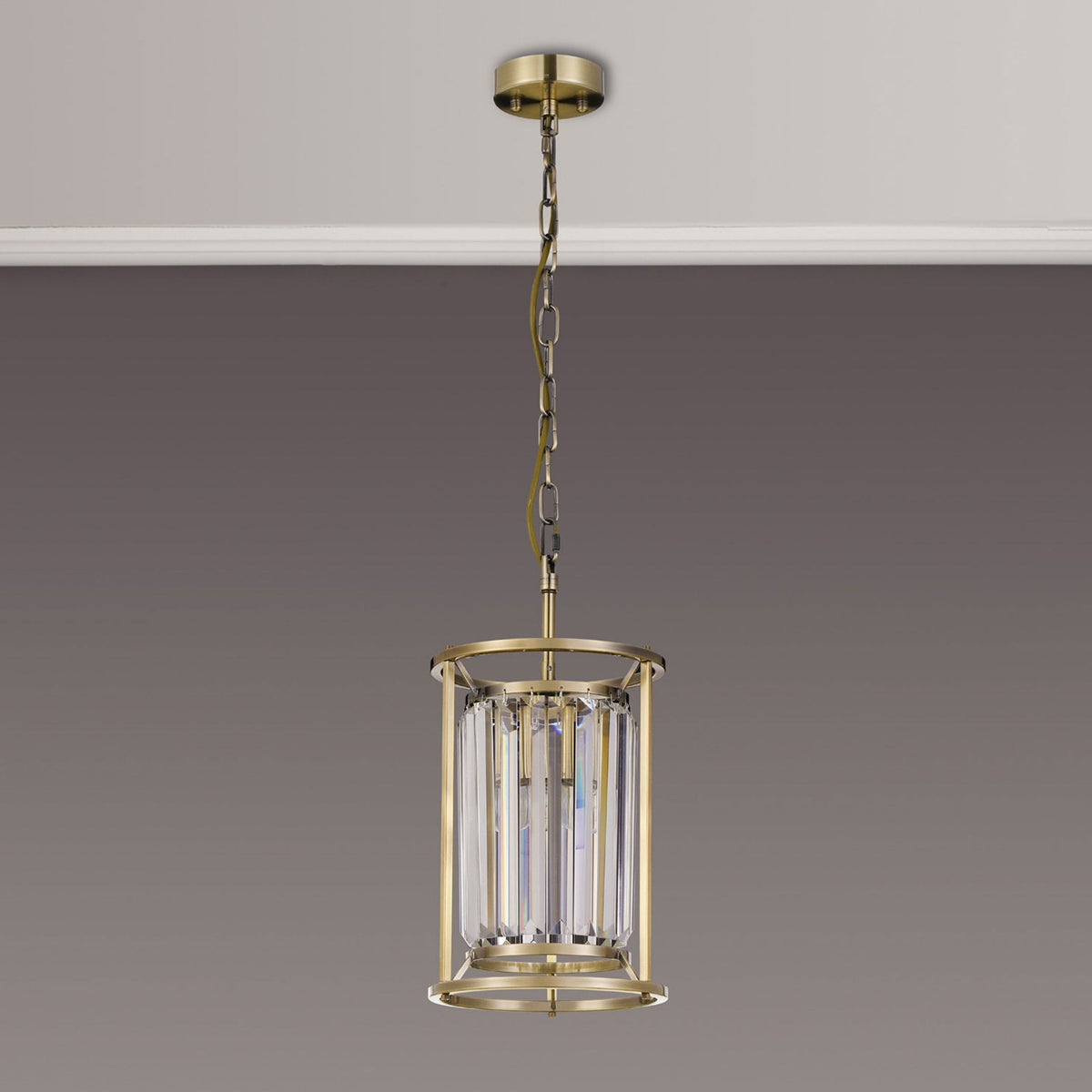 Torrington 1 Lamp 200mm Pendant in Antique Brass with Clear Crystals