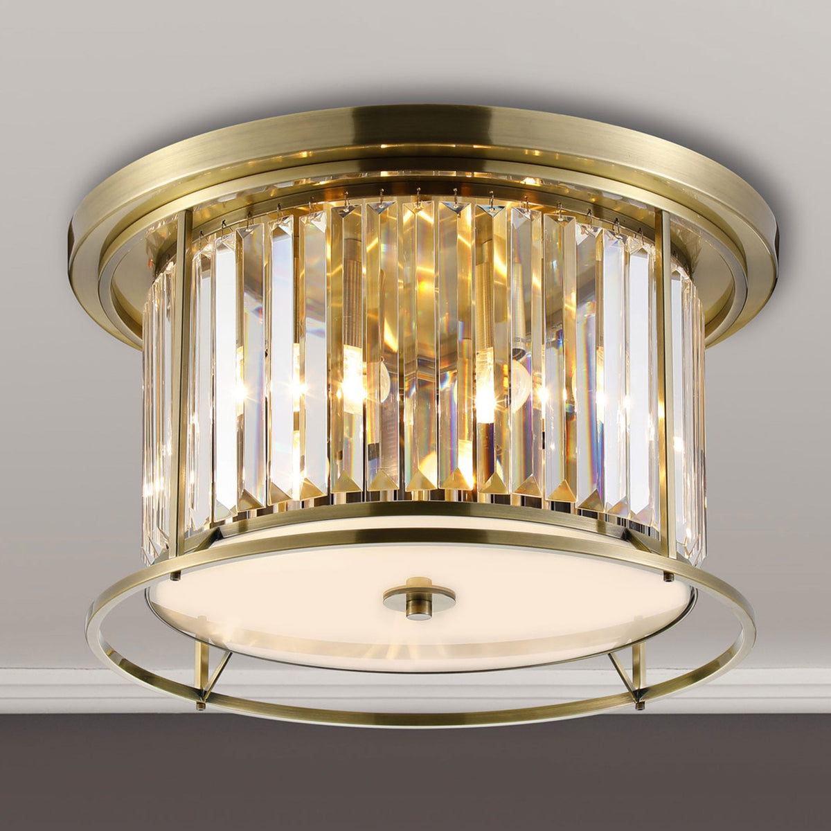 Torrington 4 Lamp 500mm Ceiling Light in Antique Brass with Clear Crystals
