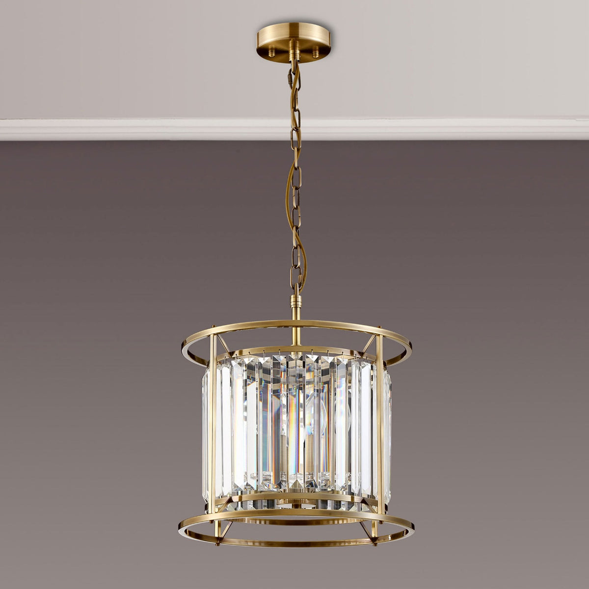 Torrington 3 Lamp 360mm Pendant in Antique Brass with Clear Crystals