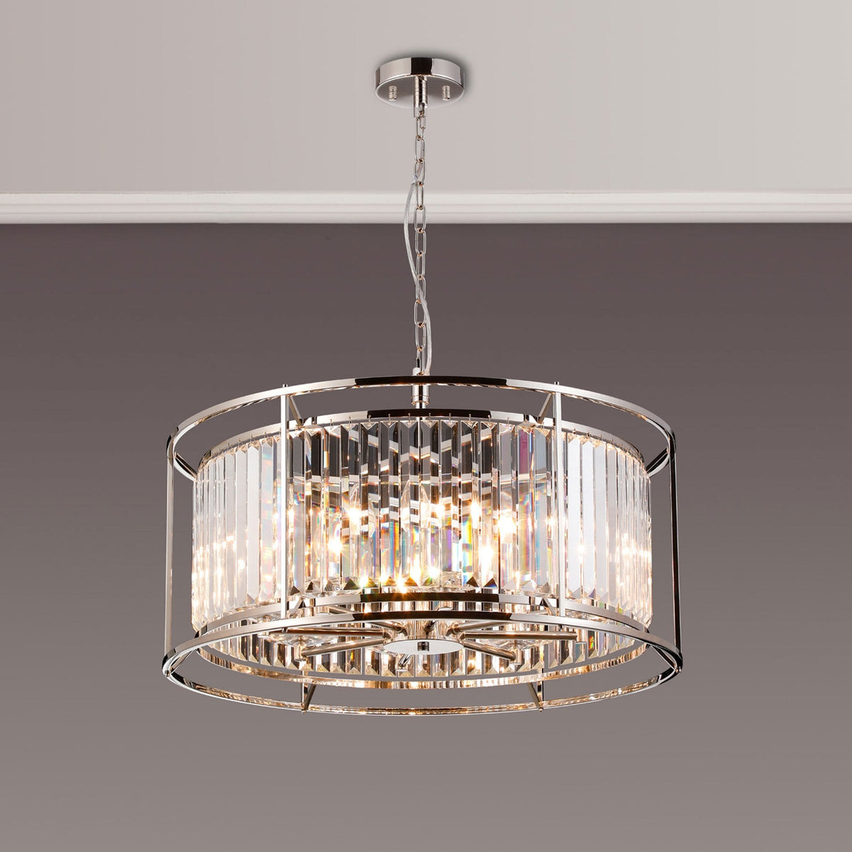 Torrington 8 Lamp 650mm Pendant in Polished Nickel with Clear Crystals
