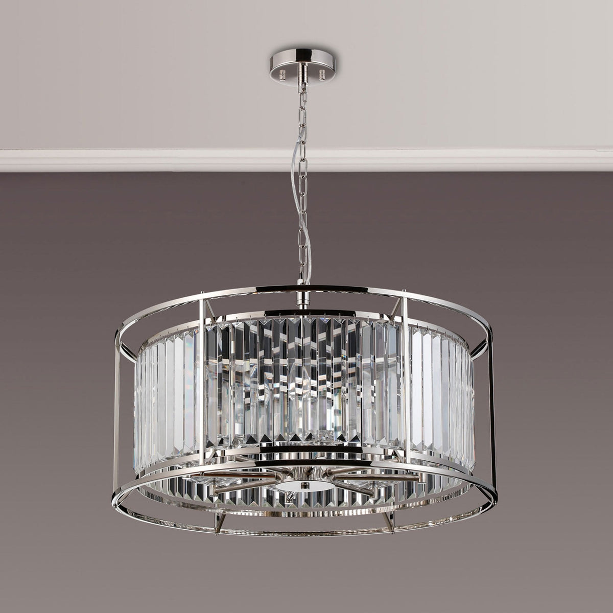 Torrington 8 Lamp 650mm Pendant in Polished Nickel with Clear Crystals