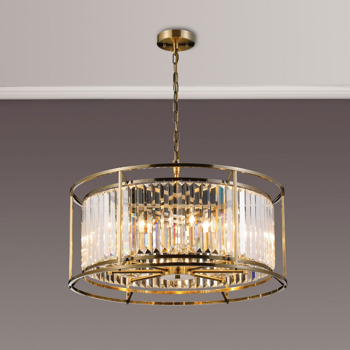 Torrington 8 Lamp 650mm Pendant Antique Brass Clear Crystals