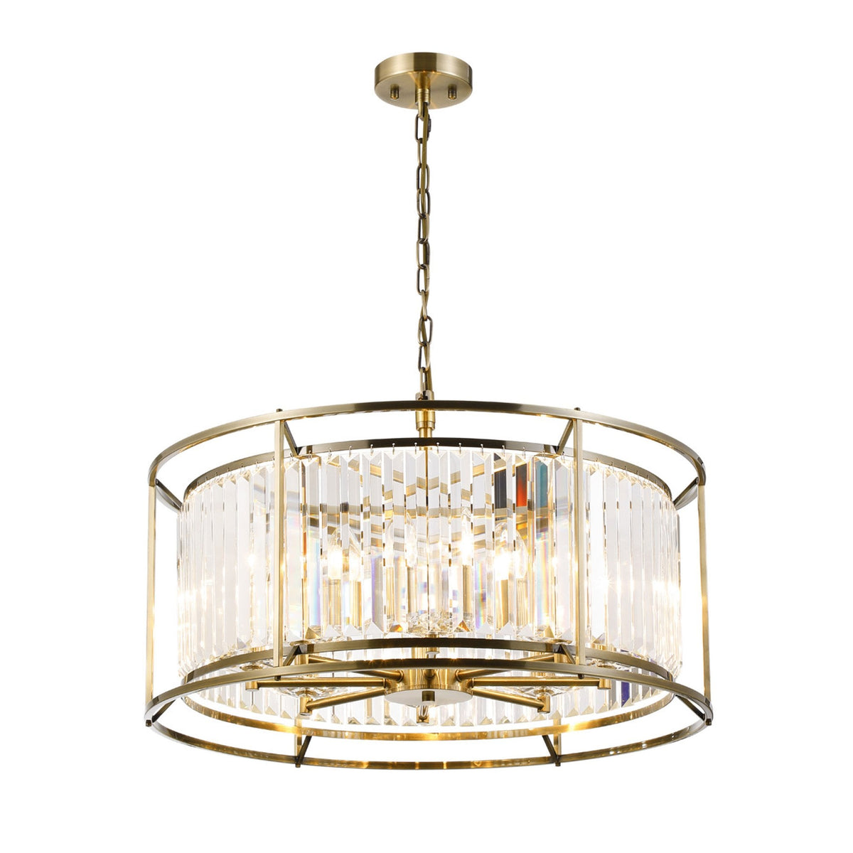 Round brass chandelier with vertical clear crystal rods, suspended by a chain.